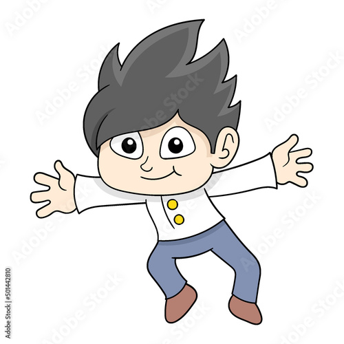 Handsome boy with happy face jumps for joy, doodle icon image kawaii