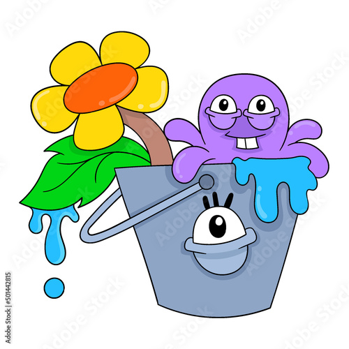octopus bathing in a bucket in spring, doodle icon image kawaii
