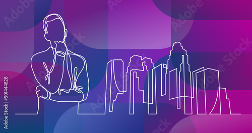 man thinking about relocating to big city - continuous line drawing