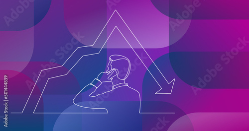 continuous line drawing of man talking on mobile pnone about decreasing graph