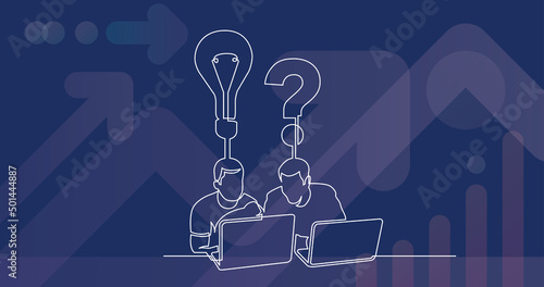 continuous line drawing of two men sitting with laptop computers talking about a question