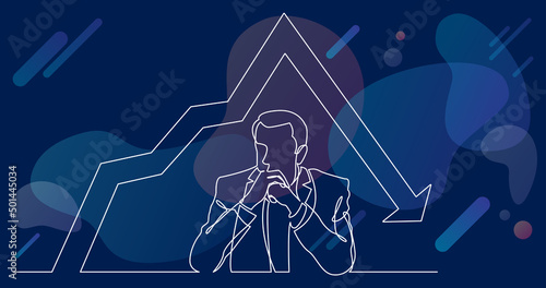 continuous line drawing of seriously thinking man with decreasing graph