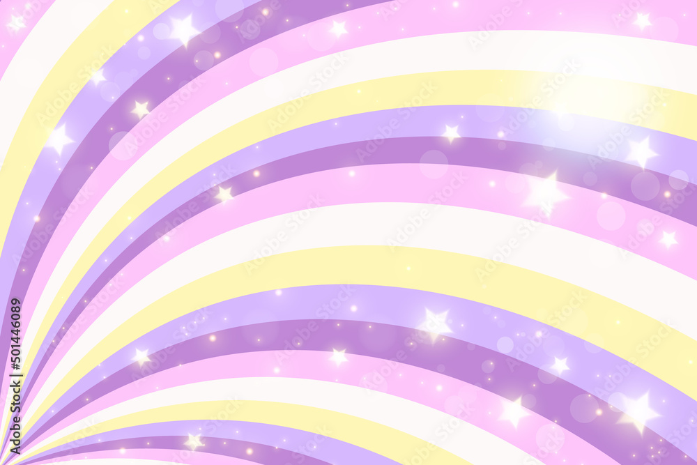 Rainbow swirl background with stars. Radial unicorn rainbow of twisted spiral. Vector illustration.