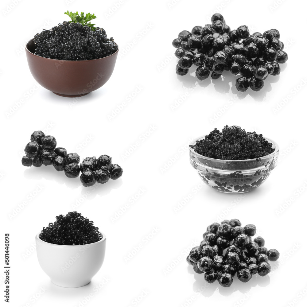 Set of delicious black caviar on white background