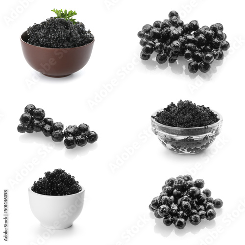 Set of delicious black caviar on white background