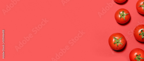 Fresh ripe tomatoes on red background with space for text © Pixel-Shot