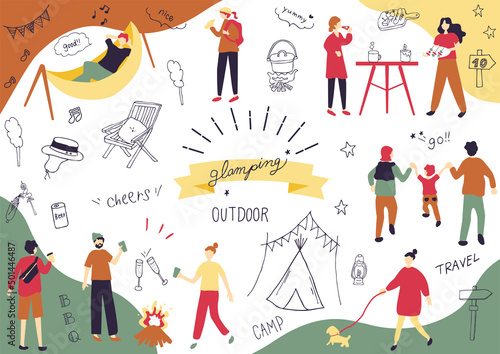 アウトドア　キャンプの人物と手描きアイコンセット 2