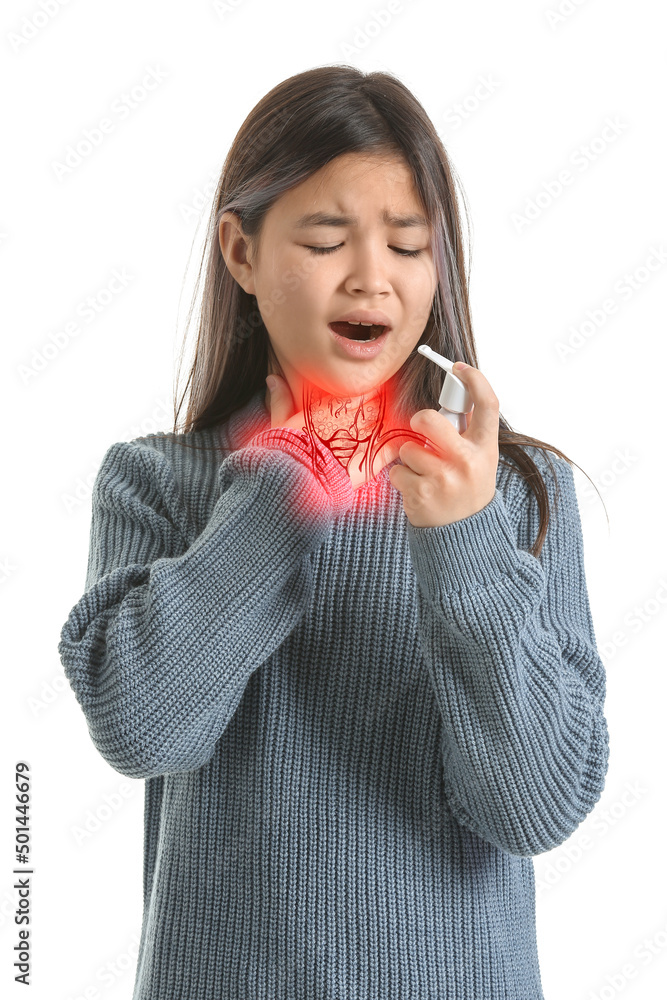 Ill Asian girl with pain in throat using inhaler on white background Ill Asian girl with pain in throat using inhaler on white background