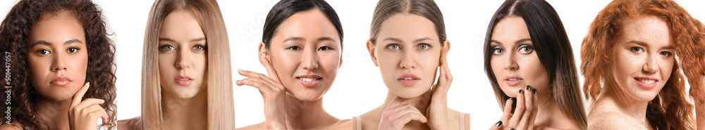 Set of beautiful young women isolated on white. Skin care concept Set of beautiful young women isolated on white. Skin care concept