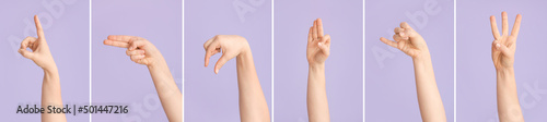 Hands showing different letters on lilac background. Sign language alphabet