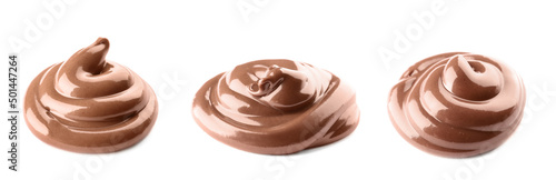 Sweet melted chocolate on white background