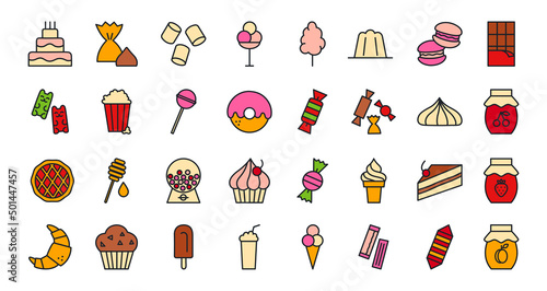 Bakery products, chocolate, candies, sweets icon set. Confectionery isolated vector line color icons