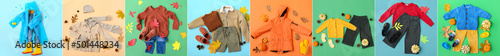 Set of autumn children's clothes on color background, top view photo