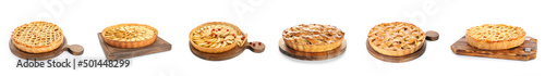 Set of tasty apple pies on white background