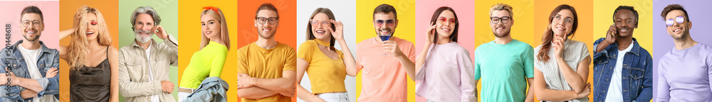 Collage with many happy people on colorful background Collage with many happy people on colorful background