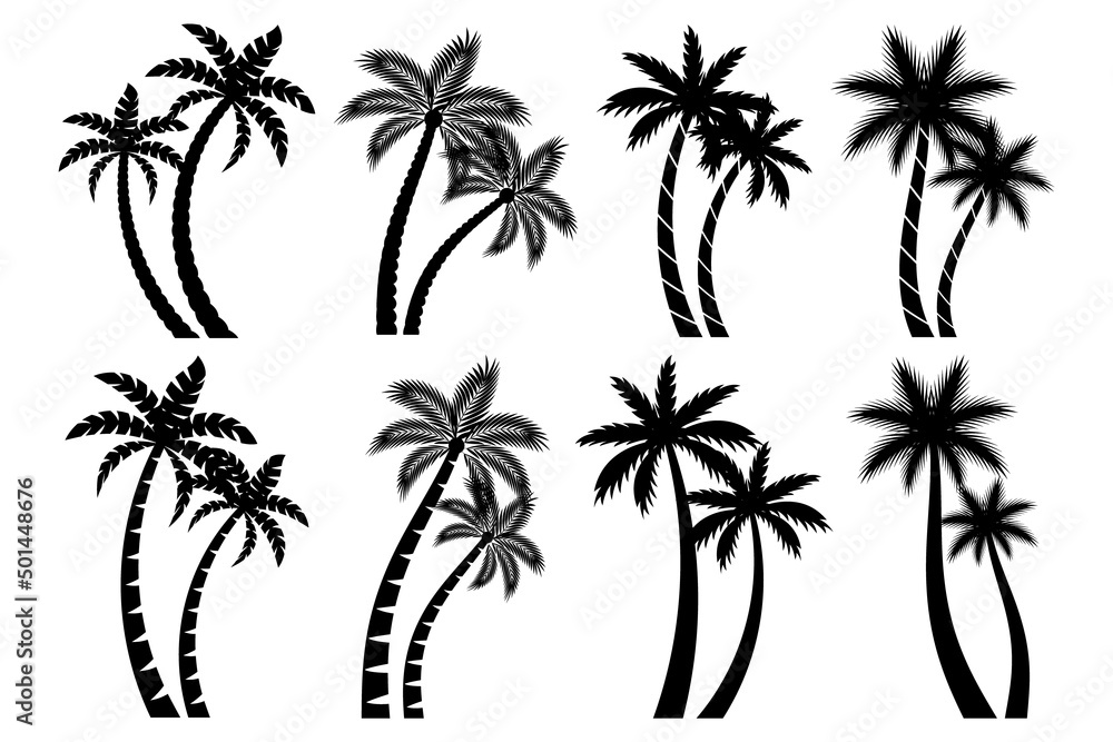 Collection couple palm trees silhouette isolated white background