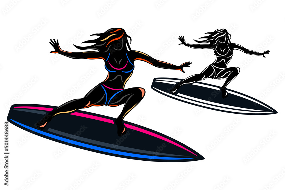 surfing woman swim on surfboard silhouette isolated white background