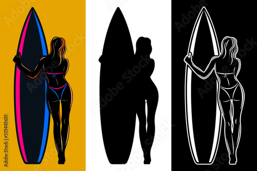 woman in swimsuit holding surfboard rear view isolated vector