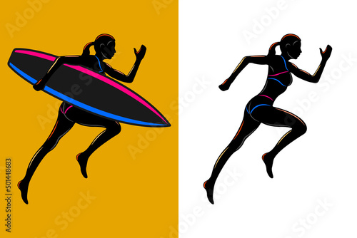 running woman holding surfboard side view isolated silhouette
