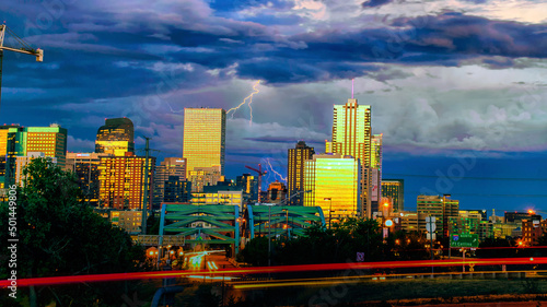 Golden Denver  Skyline Sunset with Lightning