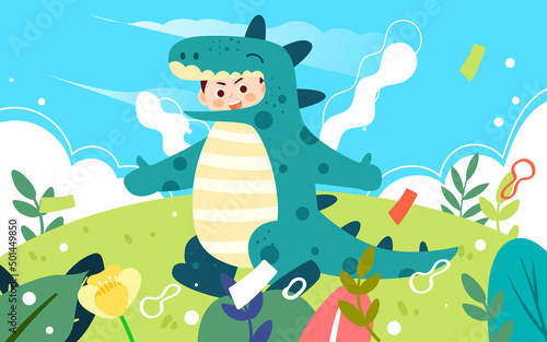 Children day kids playing in dinosaur costumes with plants and clouds in the background, vector illustration