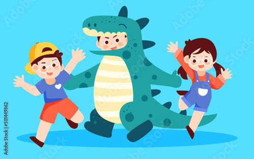 Children day kids playing in dinosaur costumes with plants and clouds in the background, vector illustration