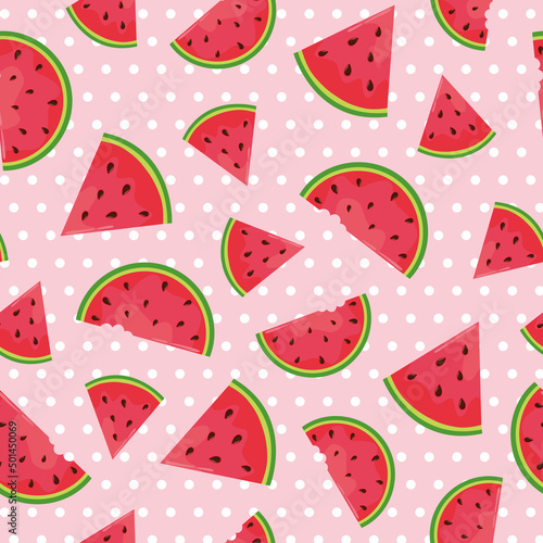 Seamless watermelon pattern with polka dots on pink background. Vector flat illustration with watermelon slices in bright summer colors. Good for fabric print, wrapping paper, wallpapers, cards.