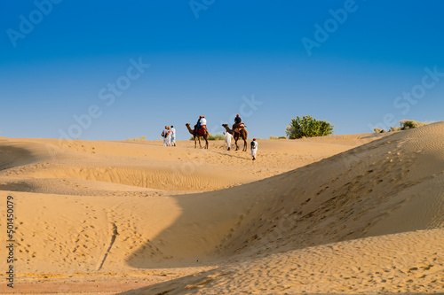 Tourists riding camels  Camelus dromedarius  at sand dunes of Thar desert. Camel riding is a favourite activity amongst all tourists visiting here 