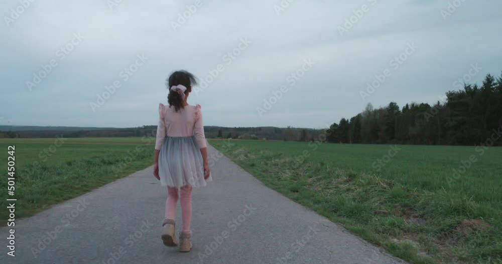 Little girl in ballerina dress walking happily down field road Little girl in ballerina dress walking happily down field road