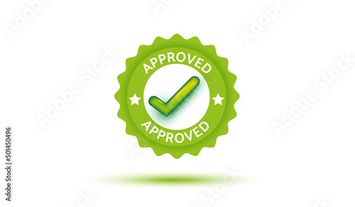 Green approved stamp with checkmark and star sticker vector illustration isolated on white background