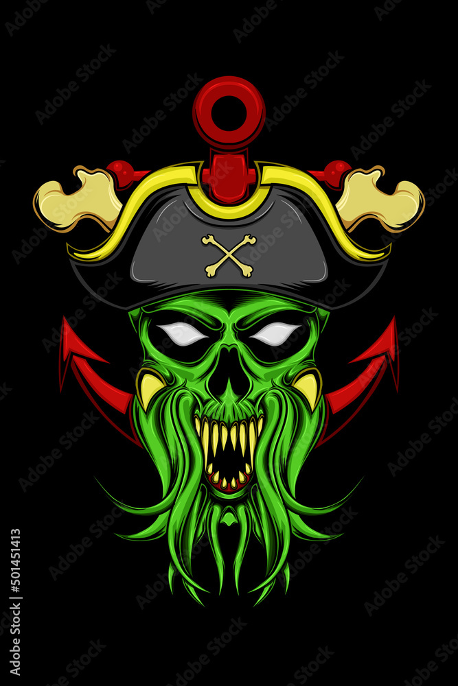 Fototapeta premium Skull with tentacle and pirate hate vector illustration