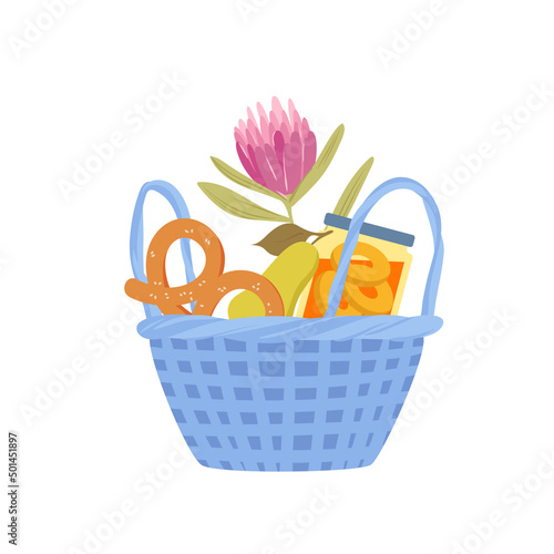 Wicker basket full of foodstuff. Outdoor summer picnic, lunch in park, open hamper with products, meal groceries, leisure healthy time, happy romantic weekend vector illustration