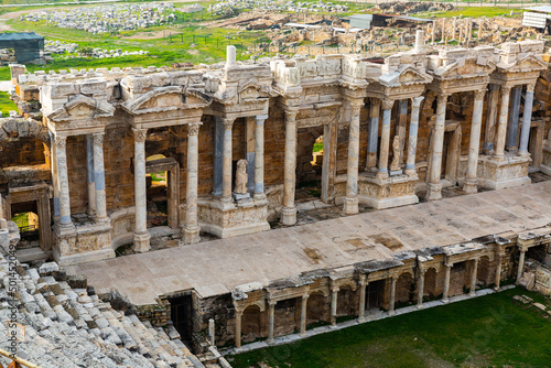 Image of the Pamukkale Amphitheater on the ruins of the ancient city of Hierapolis, Turkey.