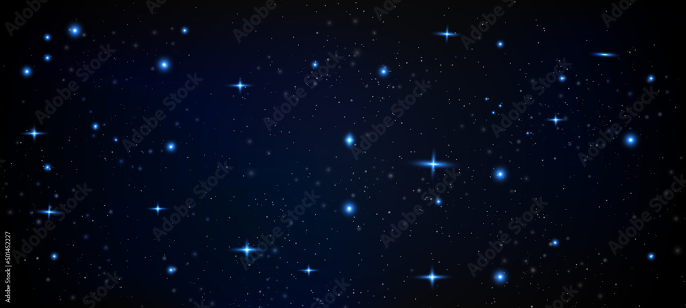 Holiday background design (banner) with twinkling stars pattern on blue backdrop. Premium vector template for Christmas invite, voucher, prestigious gift certificate