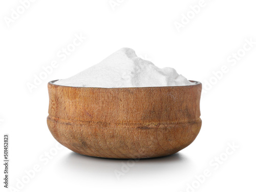 Bowl of baking soda on white background