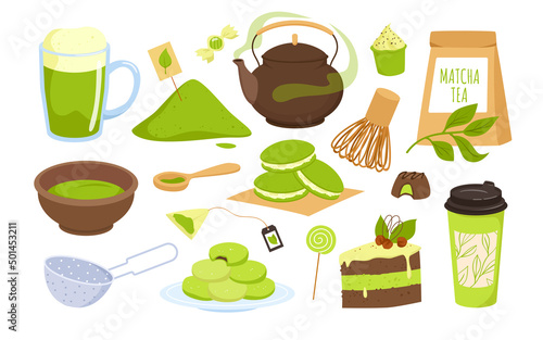 Matcha tea and pastry desserts. Japanese green tea products, healthy sweets, organic natural powder, asian treats, diet rice flour cake, vegetable drink vector illustration