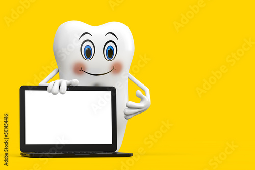 Wallpaper Mural White Tooth Person Character Mascot with Modern Laptop Computer Notebook and Blank Screen for Your Design. 3d Rendering Torontodigital.ca