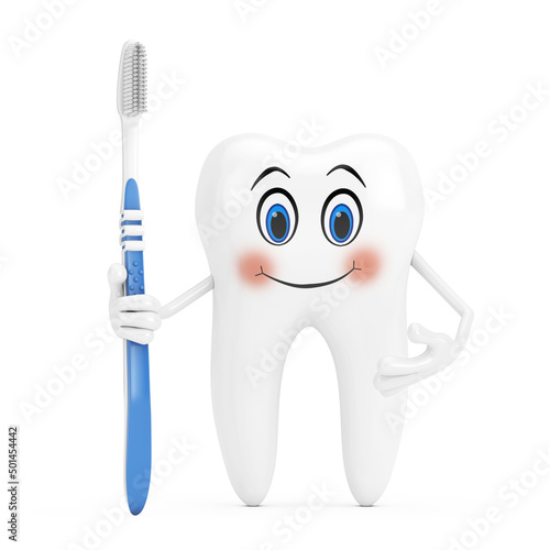 White Tooth Person Character Mascot with Simple Plastic Toothbrush. 3d Rendering
