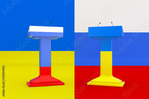 Russia and Ukraine Negotiation Concept. Speech Podium Tribune with Microphones in Colors of Ukraine and Russia Flags in front of Ukraine and Russian Flags. 3d Rendering