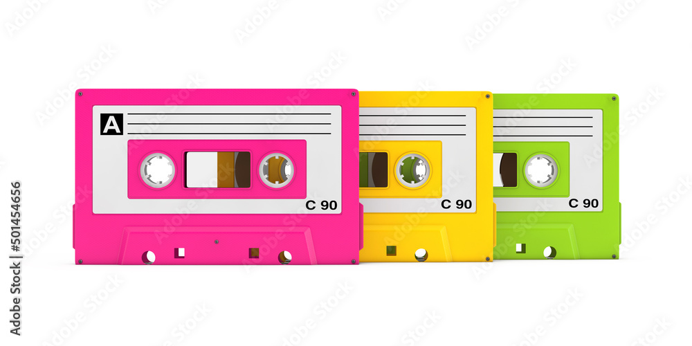 Fototapeta premium Row of Multicolor Old Vintage Audio Cassette Tapes. 3d Rendering