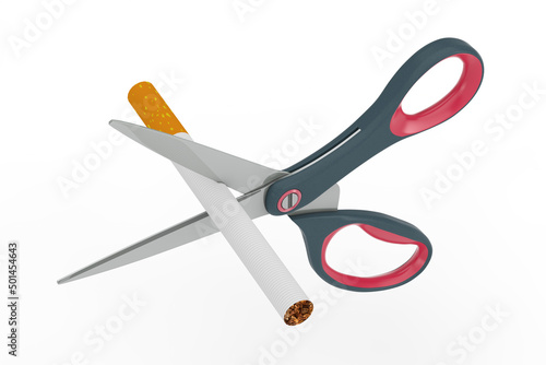 No Smoking Concept. Scissors Cut a Cigarette. 3d Rendering
