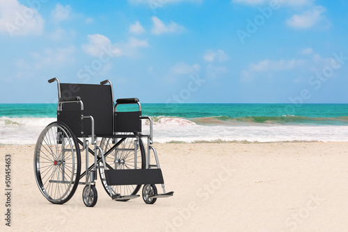 Empty Wheelchair on an Ocean Beach. 3d Rendering