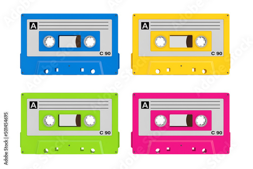 Set of Multicolor Old Vintage Audio Cassette Tapes. 3d Rendering