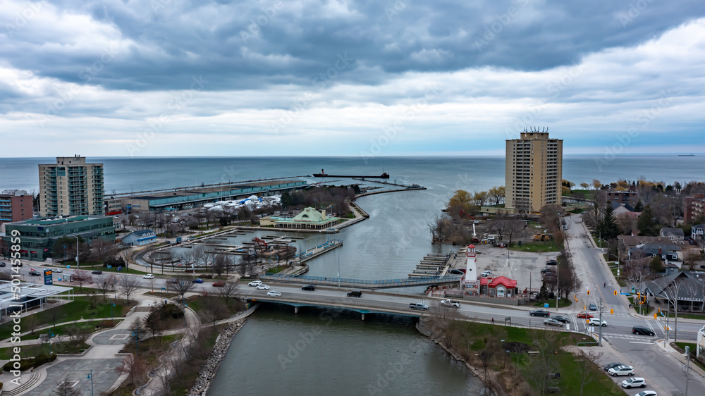 Aerial view of Port Credit at the mouth of the Credit River