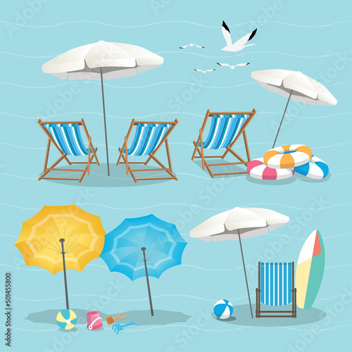 Set of umbrellas, deck chairs and beach equipment icons in pastel blue color background