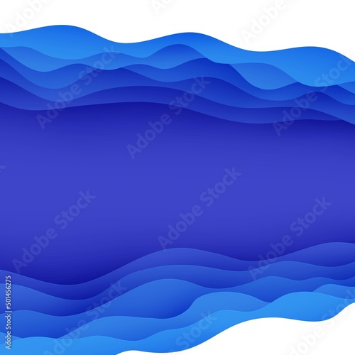 Abstract background with water waves in paper cut style. 3d wallpaper with cut out deep wavy modern cover. Blue color layers with smooth shadow papercut art. Vector illustration  origami shapes