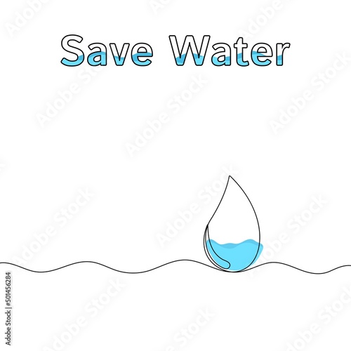 Blue color drop line art. World Water Day concept in one line style. Outline raindrop on white background with liquid waves. Vector card illustrations for environment poster.