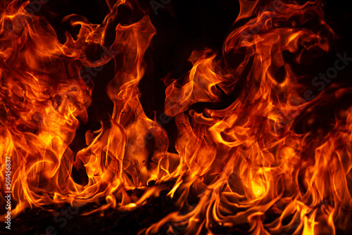 Fire flames on black background. Fire burn flame isolated, abstract texture. Flaming effect with burning fire.