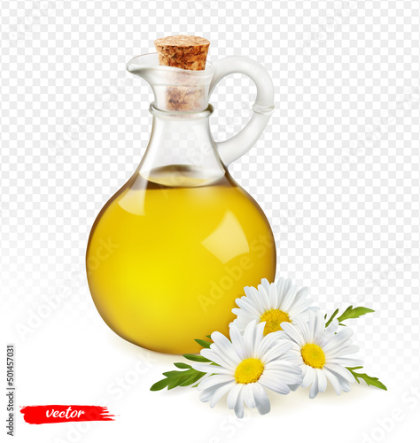 Oil in a bottle with chamomile flowers on isolated background. Vector realistic chamomile oil bottle.