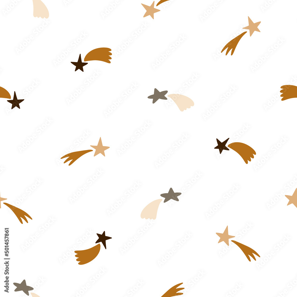 Seamless pattern with flying stars in warm muted colors. Vector illustration for your design.
